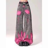 Street Graffiti-Print Straight Jeans Women High-Rise Thin Legs Loose-Fall Tug On The Ground Long Pants