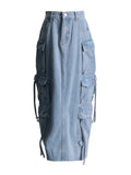 Toloer Feng Shui Wash Long Skirt Autumn 2024 New Multi-Pocket Decoration High Waist Show Skinny Denim Skirt Women-Outfit