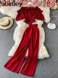 Summer Green/Black/Red Two Piece Set Women Sexy Slash Neck Short Tops + High Waist Wide Leg Pants Female Suit New