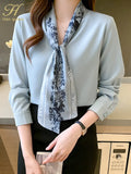 Han Queen Elegant Autumn Bow Chiffon Simple Office Lady Blouse Female Shirt Loose Tops Long Sleeve Casual OL Blouses Women-Outfit
