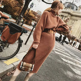 2022 Winter Female Sweater Dress Women Pullover Turtleneck Long Sleeves Warm Slim Sweater Knitted Dress With Belt High