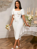 Elegant Square Collar Lotus Leaf-Side Dress Banquet Temperament Flower High-Waisted Hip Dress