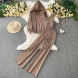 Three-Piece Women's Winter Casual Zipper Knitted Coat + Embroidered Vest + High-Waisted Wide