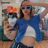 Korean Fashion Irregular Crop Tops Grunge Chic Designer Clothes Kpop Split Knitted Short Sleeve T-shirt Y2k