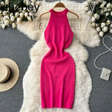 Style Knit Women Dress 2022 Summer Retro Vacation Elegant Ladies Slim A Line Sexy Solid Temperament