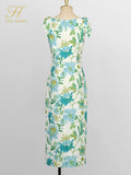 Han Queen Elegant Fashion Print Slim Office Pencil Dress Women's Korean Sheath Pencil Dresses Mid-Calf Party Bodycon Vestidos-Outfit