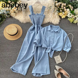 Two Pieces Set Women Loose Short Sunscreen Jacket + Suspending Rompers Clothing Female Casual Holidays