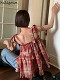 Blouse Women Summer Fashion Shirts 2023 Blusas Mujer De Moda Loose Backless Ruffles Blouses Korean Plaid Cute Tops