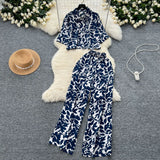 Light Style Suit Women's Fashion With Loose Short Print Shirt + High Waist Display Thin Leg