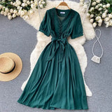 Women Summer Midi Dress 2022 Sweet Elegant Woman Party Dresses V Neck Puff Sleeve Sundress Vestidos Robe Female