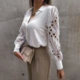 Lace Patchwork Shirt Top Woman Spring Summer Casual Long Sleeve Shirts For Women 2023 Vintage Hollow Out Button Blouses-Outfit