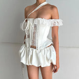 Toloer Fashion Trend With Personality Strapless Top Pleated Skirt Suit Girl-Outfit