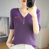 Toloer 2024 New Short Knit Women's Fashion Slim Short-Sleeve T-Shirt Thin Medium Sleeve Top-Outfit