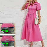 Women's Summer Casual Short-Sleeved Buckle Waist Solid Cotton Ultra-Long Shirt