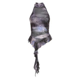 Toloer 2024 New Women's Half High Collar Flounce Sleeveless Print Mesh Slim Small Vest-Outfit