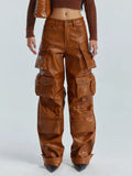 Toloer Cargo Pants Fall 2024 New Personality Splicing Loose PU Leather Pants Casual Wide-Leg Pants Women-Outfit