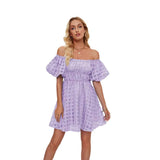 Women's Out-Shoulder Foam Short-Sleeved Folds High-Waisted Summer Mini Dress With