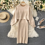 Beading Knitted Women Sets Loose Long Sleeves Sweater+ Solid Elastic Dress French Style Casual Two Piece