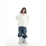 Autumn White Double Zipper Hooded Stingy Sweater Cardigan Soft Mashed Sweet Hot Girl