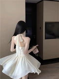 Sweet Elegant Mini Dresses Women Sleeveless Off Shoulder V Neck Slim Patchwork Backless Sexy Mini Dress Ladies Party-Outfit
