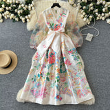 2025 Court Wind V Tie Belt Belt Belt Belt Lantern Sleeve Print Thin Long