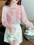 Han Queen Simple Autumn Blusas Elegant Bead Embroidery Blouses Womens Korean Loose Casual Vintage Shirts OL Office Work Tops-Outfit