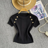 Girls Knit Round Collar T-Shirt Girls Summer Thin Short Thin Design Feeling Fried Street Pure Desire