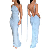 Sexy Women‘s Bodycon Long Dress Solid Color Slant Shoulder Drawstring Backless Ruched Detail Skinny Party vestido-Outfit