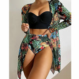 Toloer New Sexy Bikini Mesh Three-Piece Set Gathered Print Split Swimsuit