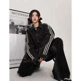 Spring Korean Casual Style Baggy Blue Stripes Denim Jacket Women's Fashion Streetwear Style Oversized Y2K Loose Jean Coat-Outfit