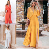 Hot Summer Sexy Dress INS Shoulder Side Slit Back Deep V-Collar Dress-Outfit