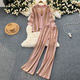 Women's Summer V-Neck Loose Knitted Cardigan Top + Broad Leg Trousers Set With Striped Hollow