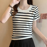 New Summer Style Xiaoxiangfeng Spliced Striped Short-Sleeved Knitted Cedar Thin Ice Silk T-Shirt-Outfit