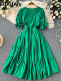 2022 Summer New Lace Embroidery Dress Women Short Sleeves Dresses Female Vintage Party Beach Maxi Long