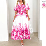 New Spring And Summer Bubble Sleeve V-Neck Women's Slings Print Fairy Gas In The Long Temperament Swing Dress Dress
