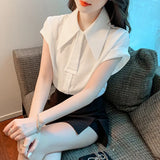 Toloer Shirt Female 2023 Summer Pendant Feeling Short Sleeve Retro Port Style A Button Small Necktie Commuting Professional Wear-Outfit