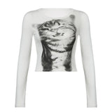 Wind Personality Cat Pattern Print Foundation Shoulder Short Sleeve T-Shirt Hottie Slimming Short