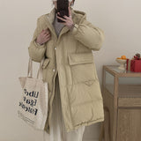 Korean Large Pocket Long Down Jacket Female 2024 Winter Fashion Thick Hooded Over The Knee Sweet White Duck Down Coat-Outfit