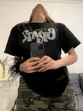 street clothing summer new Y2k women's Bratz rhinestone letter-printed top O-neck vintage casual short-sleeved