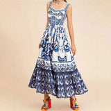 Women's New Printing Square Neck Tie Sling Skirt Folds Body Dress Dress