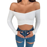 Toloer 2024 Winter Women's Long Sleeve One Word Shoulder Slim Crop Short T-Shirt A Hair-Outfit