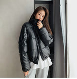 Winter Women Black PU Leather Down Jackets 2021 New Ladies Thick Warm Short Zipper Down Coats Female Stand Collar Chic