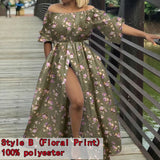 Off Shoulder Maxi Dress Celmia Women Lantern Sleeve Casual Loose Split Sundress Summer Buttons Party
