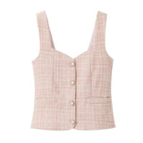 Tweed Pearl Button Sleeveless Tank Top And Mini Skirt Set-Outfit