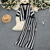 Women's Summer V-Neck Loose Knitted Cardigan Top + Broad Leg Trousers Set With Striped Hollow