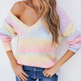 Rainbow Striped Knitwear Sweater Crew Neck Casual Women Pullovers Sweaters Female Long Sleeve Colourful Jumper Top Winter