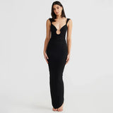 Toloer Women's Wear Fall 2024 New V Neck Open Back Irregular Dress Women's Dress Slit Dress-Outfit