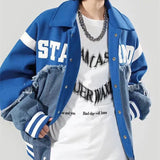 Embroidery Patchwork Denim Varsity Jacket-Outfit