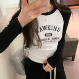 Color Shoulder-Sleeved Letter Printed Long-Sleeved T-Shirt Women's Autumn New Bottomed Shirt Round Neck Short Blouse-Outfit