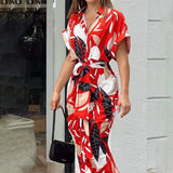 Women's Printed Collar Short Sleeve High-Waisted Long Shirt